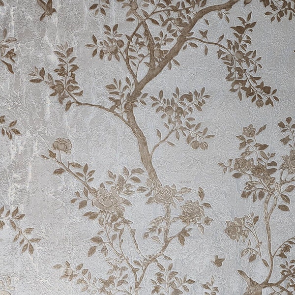 Floral ivory pearl off white gold metallic apple trees birds textured wallpaper