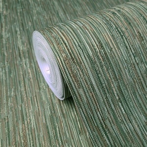 Green bronze metallic stria lines faux fabric heavy plain textured wallpaper 3D
