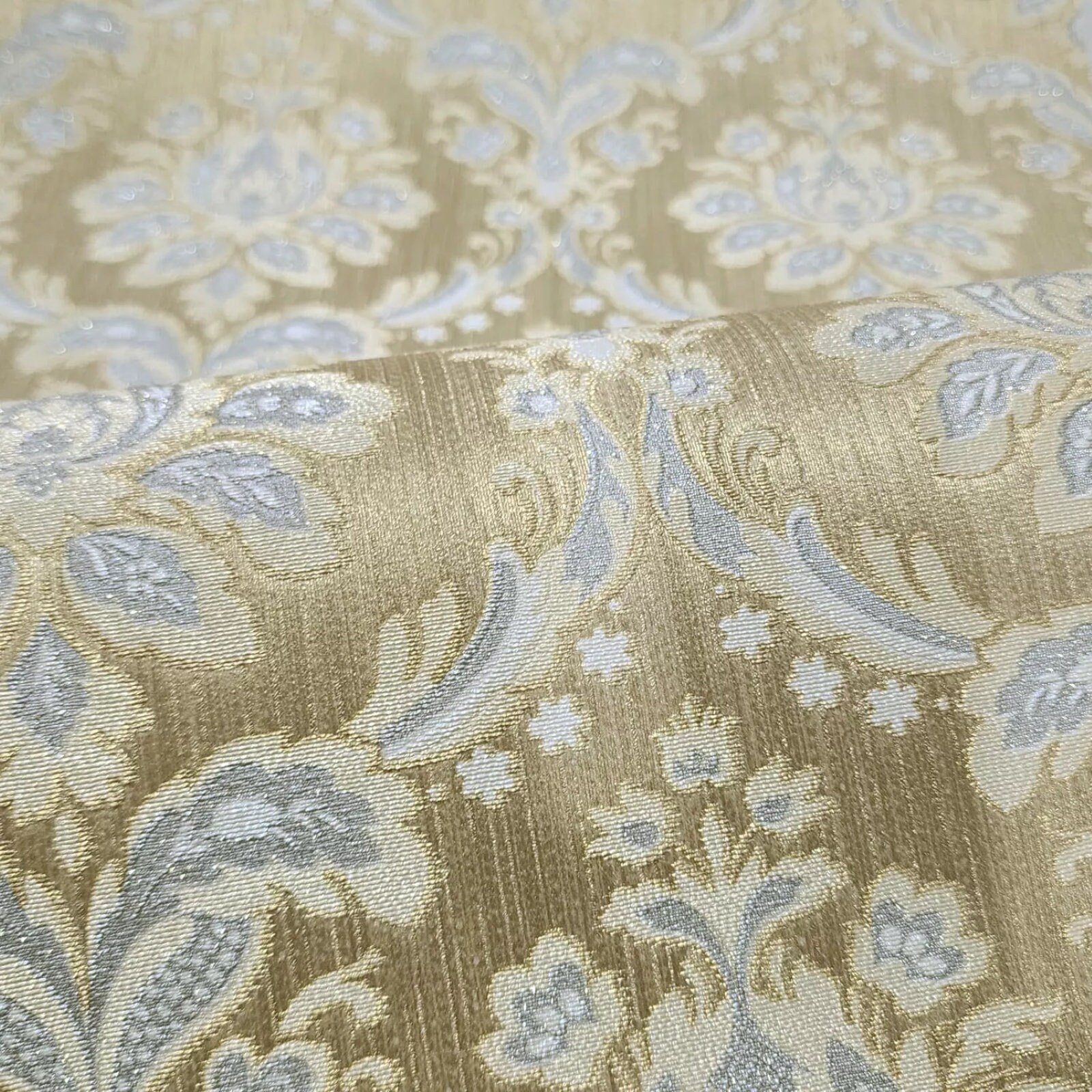 Gray Silver Gold Metallic Victorian Damask Faux Silk Fabric Textured ...