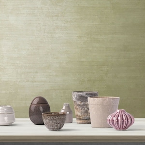 May include: A collection of ceramic and terracotta pots and vases in various shapes and sizes. The pots are in shades of brown, beige, and pink. The pots are arranged on a white surface against a green textured background.