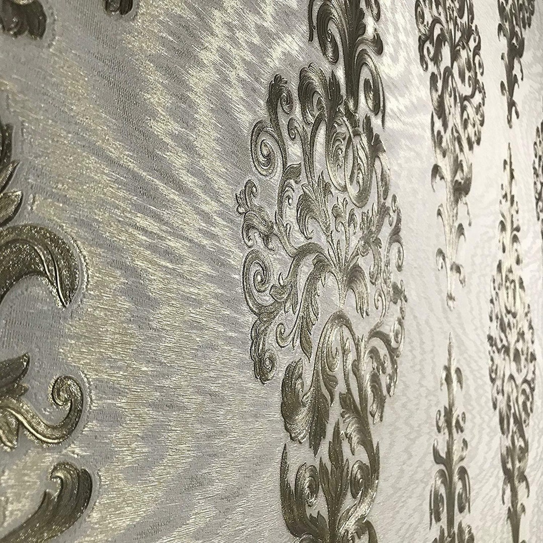 Wallpaper Wall Coverings Textured Damask Ivory Bronze White Silver Gold