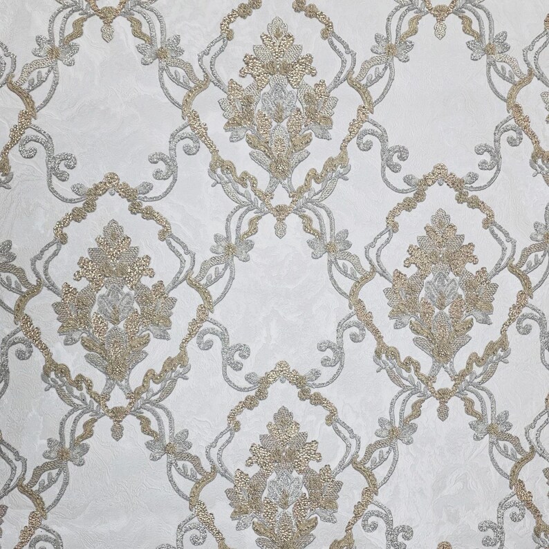 Off White Cream Brass Metallic Faux Plaster Textured Victorian Damask ...