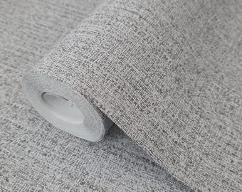 Plain contemporary matt gray faux subtle woven fabric textured modern wallpaper