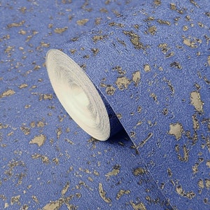 Royal Blue gold metallic plain distressed faux cork plaster textured Wallpaper