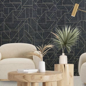 Geo matt dark gray black gold metallic lines faux plaster Textured wallpaper 3D