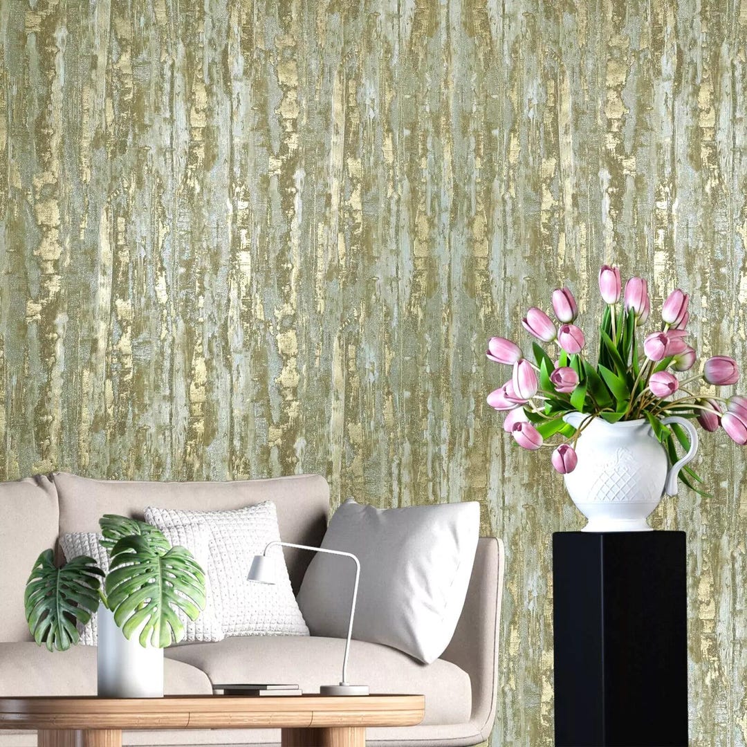 Gold Metallic Faux Distressed Metal Plaster Textured Embossed Modern Wallpaper