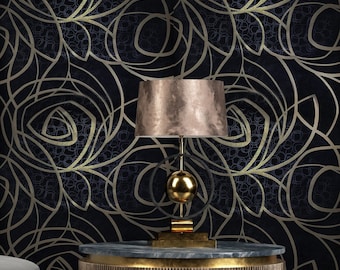 Modern Matt Black beige gold art abstract lines contemporary wallpaper 3D