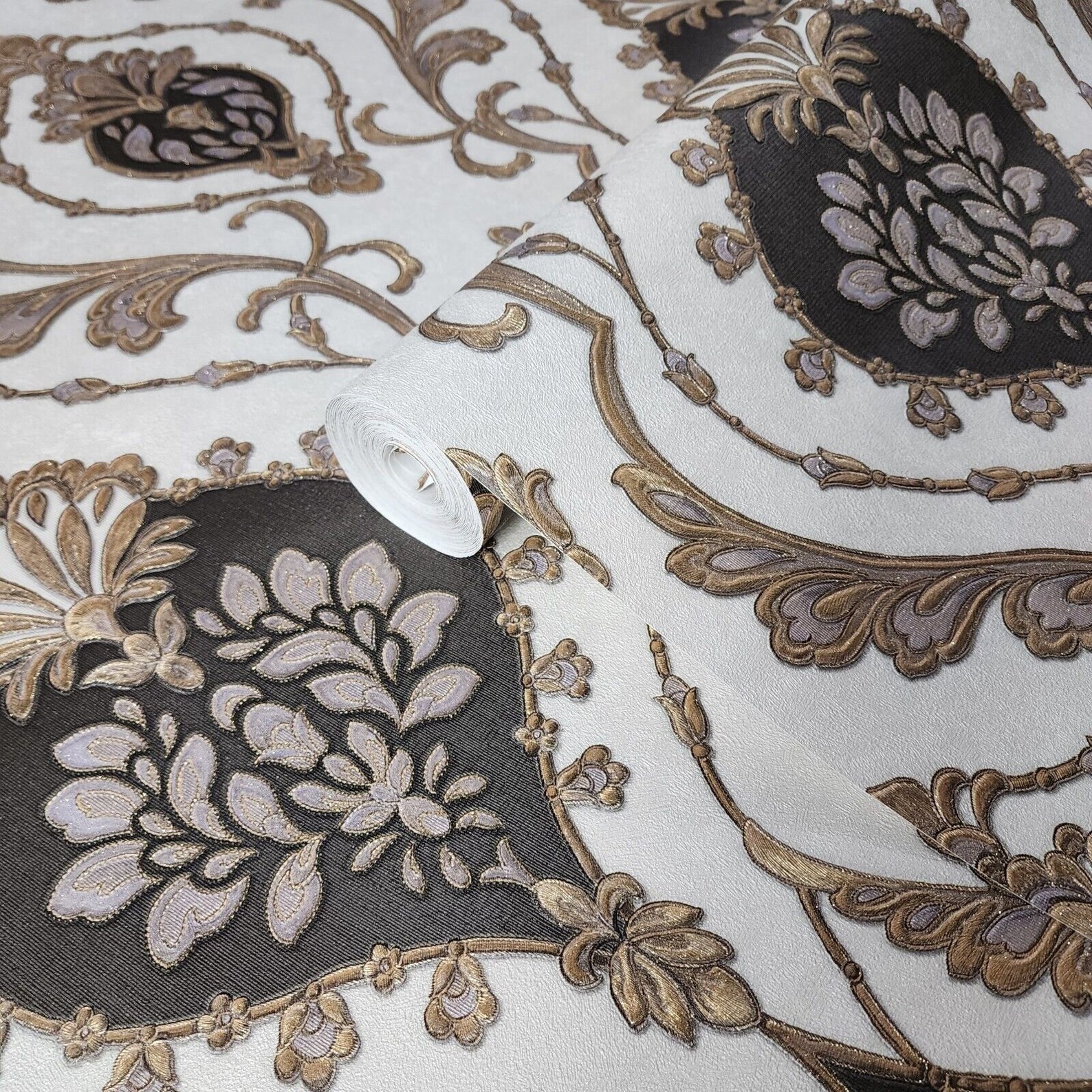 Vinyl Victorian White Purple Gray Gold Metallic Ogee Damask Textured ...