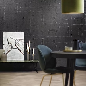 Charcoal black silver faux concrete textured modern artwork patchwork wallpaper