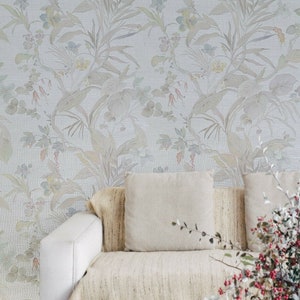 Floral plants Neutral beige tan cream green faux fabric textured wallpaper rolls