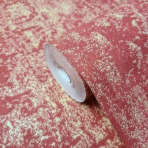 Burgundy red gold metallic plain distressed faux plaster textured Wallpaper roll