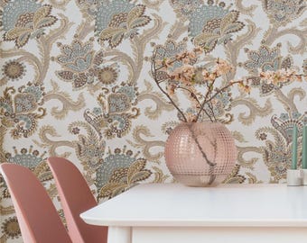 Taupe brown teal flowers floral wallpaper 3D