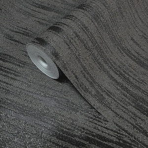 May include: A roll of textured, dark gray wallpaper with a subtle, vertical stripe pattern. The wallpaper has a slightly metallic sheen, adding depth and visual interest. The roll is partially unrolled, revealing the paper's texture.