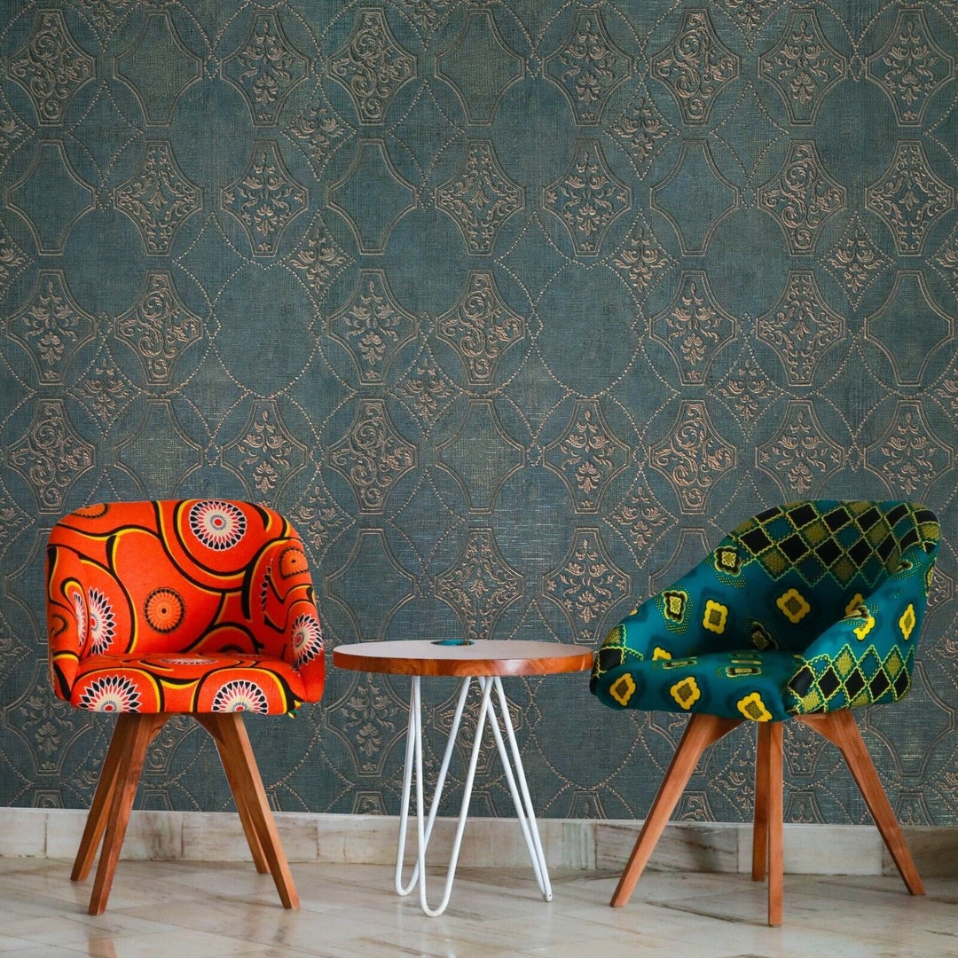 Green Gold Bronze Metallic Lattice Damask Faux Grasscloth Textured