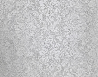 Embossed grayish off white cream plaster textured Victorian damask Wallpaper 3D