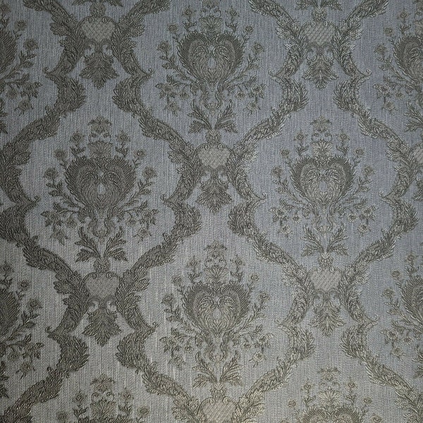 Carta da parati damascata vittoriana con texture metallica in ottone grigio argento bronzo goffrato