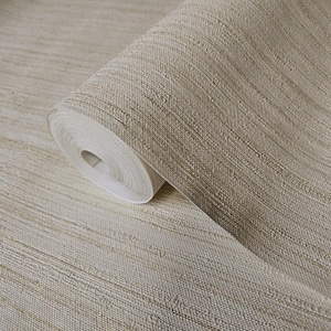 Tan Beige cream gold metallic faux thread stria lines fabric textured Wallpaper