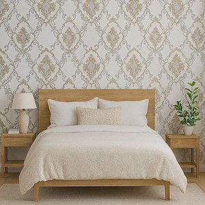 Off white cream brass metallic faux plaster textured Victorian damask Wallpaper