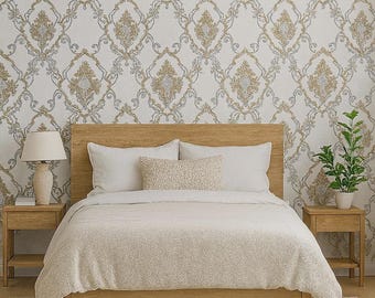 May include: A bedroom scene featuring a wooden bed frame, nightstands, and a patterned wallpaper. The bed is made with white linens and a cream-colored blanket. A lamp with a beige base sits on one nightstand, and a potted plant is on the other.