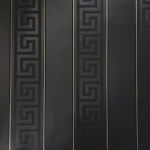 Greek Key Stripped black Gold metallic textured Wallpaper 3D illusion