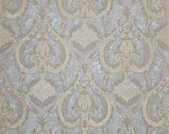Soft silver Gray beige gold metallic plaster textured Victorian damask Wallpaper