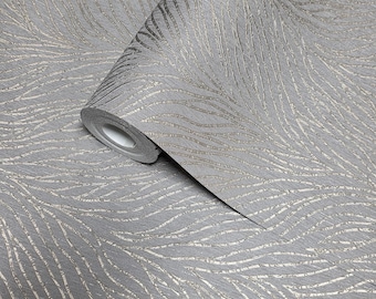 Abstract feather leaf lines Faux fabric Textured taupe gold metallic wallpaper