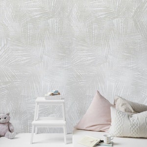 Floral Tropical Palm Leave wicked bamboo gray off white textured Wallpaper rolls
