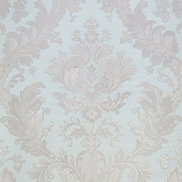 Victorian Gray turquois baby blue cream damask faux fabric textured Wallpaper 3D