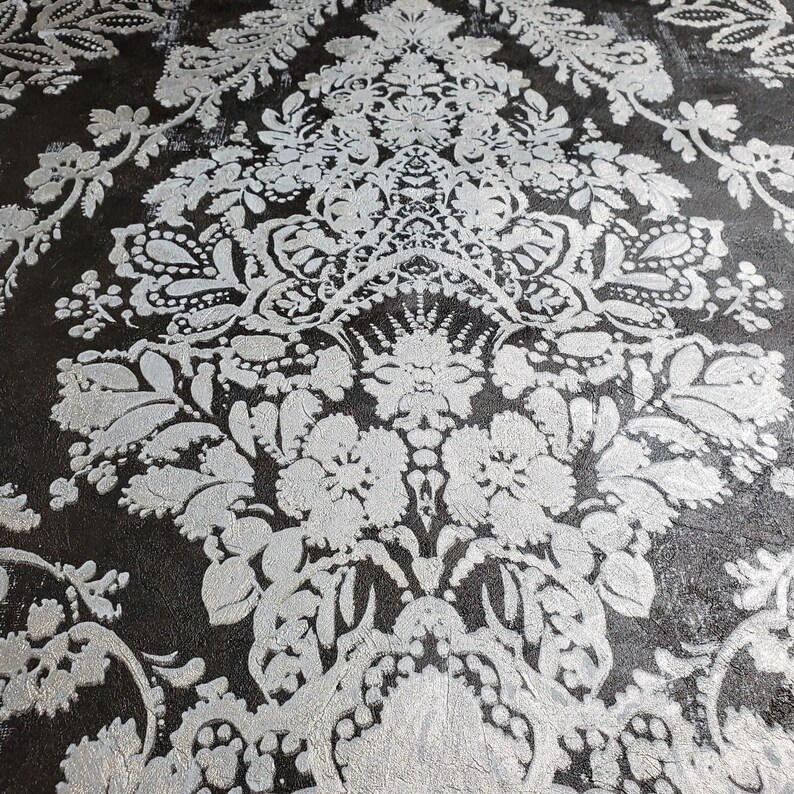 Textured Wallpaper Black Silver Metallic Rust Vintage Damask - Etsy
