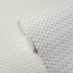 May include: A roll of white wallpaper with a subtle, embossed checkered pattern. The wallpaper has a textured, woven look.