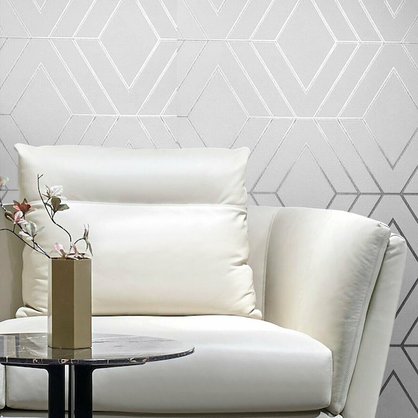 Diamond Triangle Geometric Wallpaper White Gray Silver Metallic Textured Roll 3D