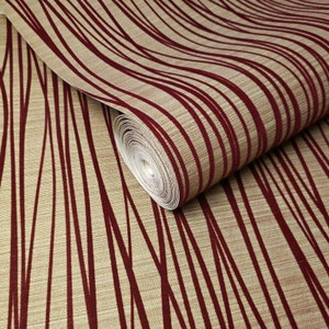 Carta da parati con trama floccata Flock linee di floccaggio metallizzato oro velluto rosso bordeaux immagine 3