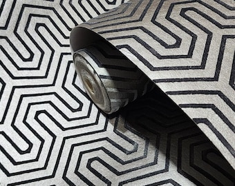 Navy blue foil silver metallic flocking Geo velvet Labyrinth flocked wallpaper