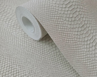 Embossed grayish off white cream faux python scale snake skin textured wallpaper