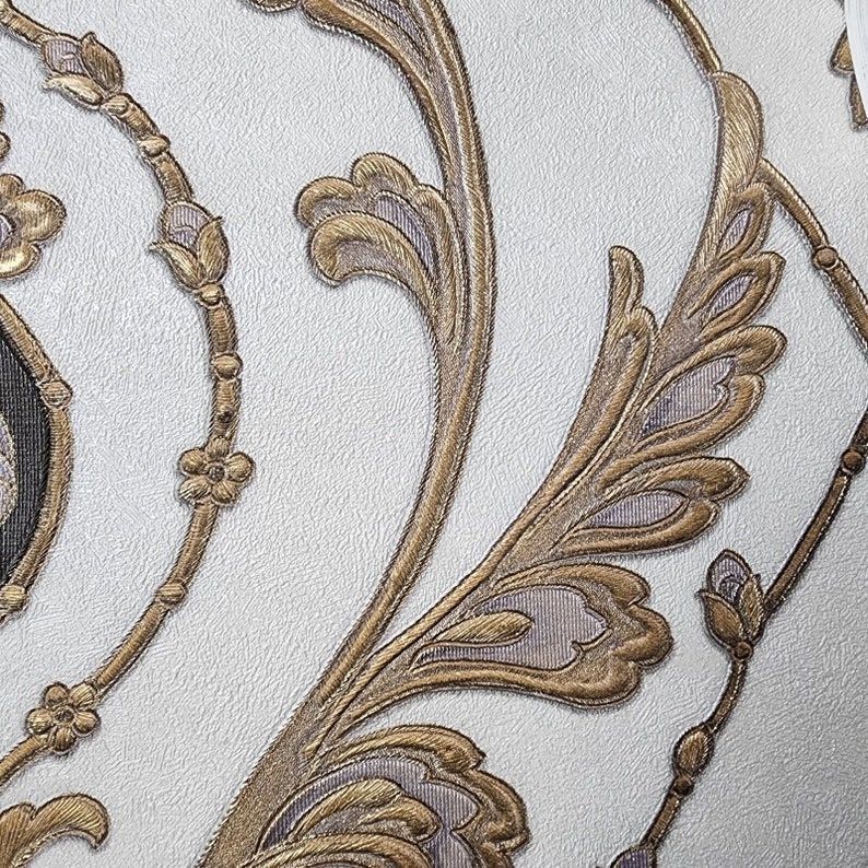Vinyl Victorian White Purple Gray Gold Metallic Ogee Damask Textured ...