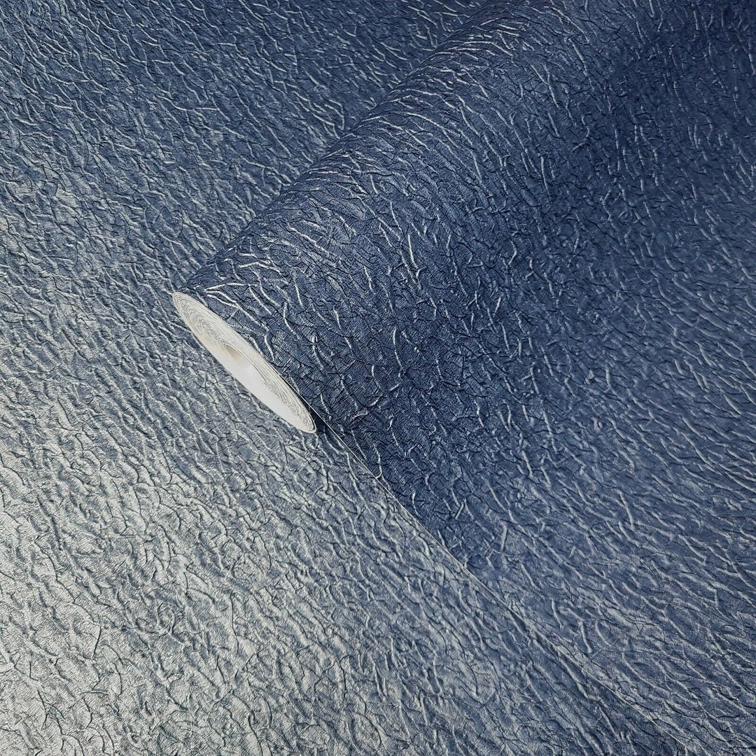 Embossed Modern Wallpaper Dark Navy Blue Metallic Crashed Foil Plain