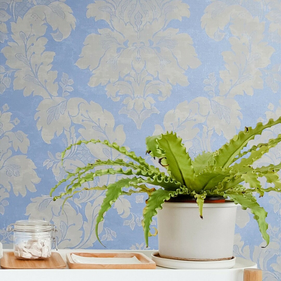 Vinyl Wallpaper Blue Beige Rustic Victorian Vintage Damask Wall