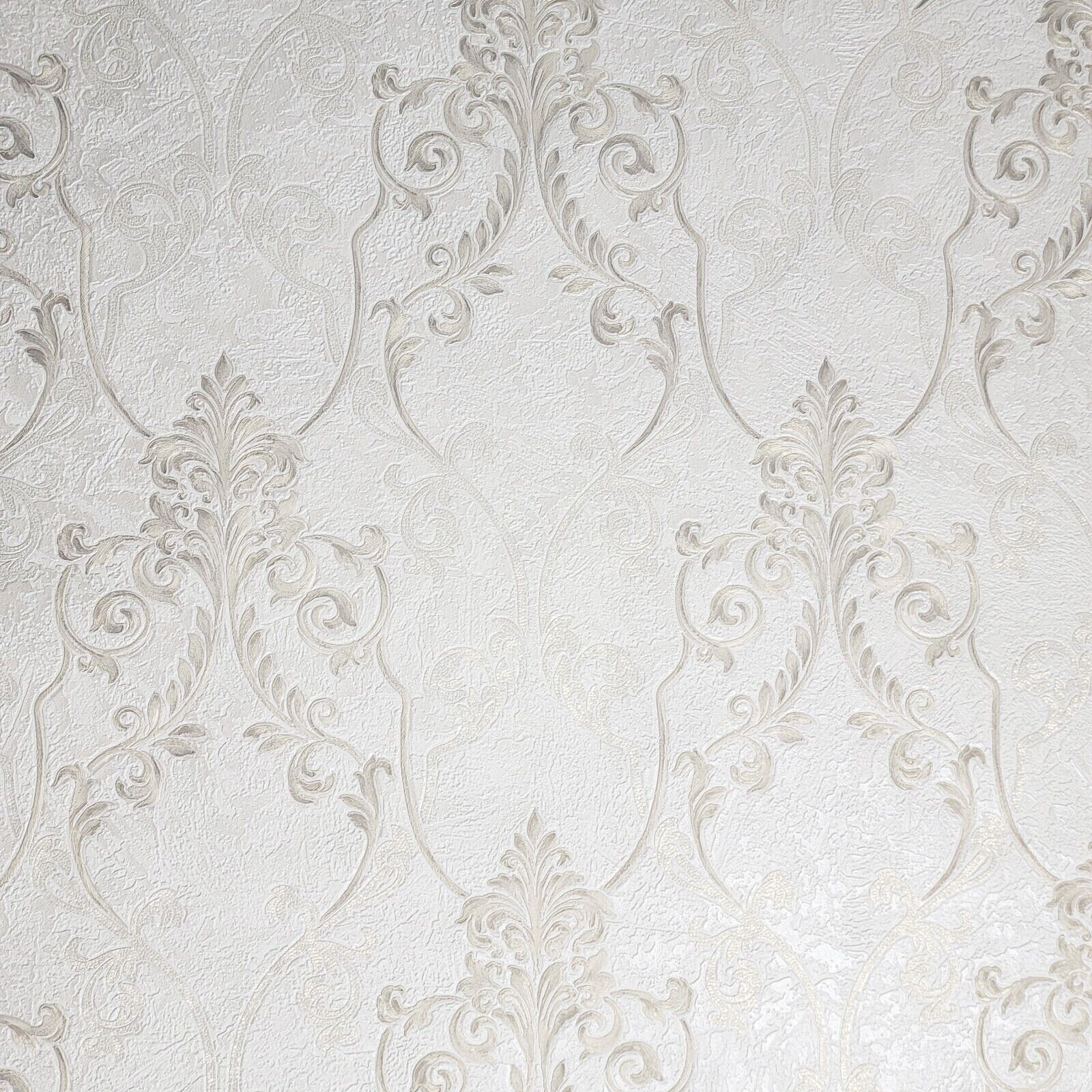 Ivory off White Brass Gold Metallic Victorian Damask Textured Wallpaper ...