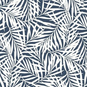May include: A seamless pattern featuring white palm leaves on a dark blue background. The leaves are stylized and create a tropical feel.