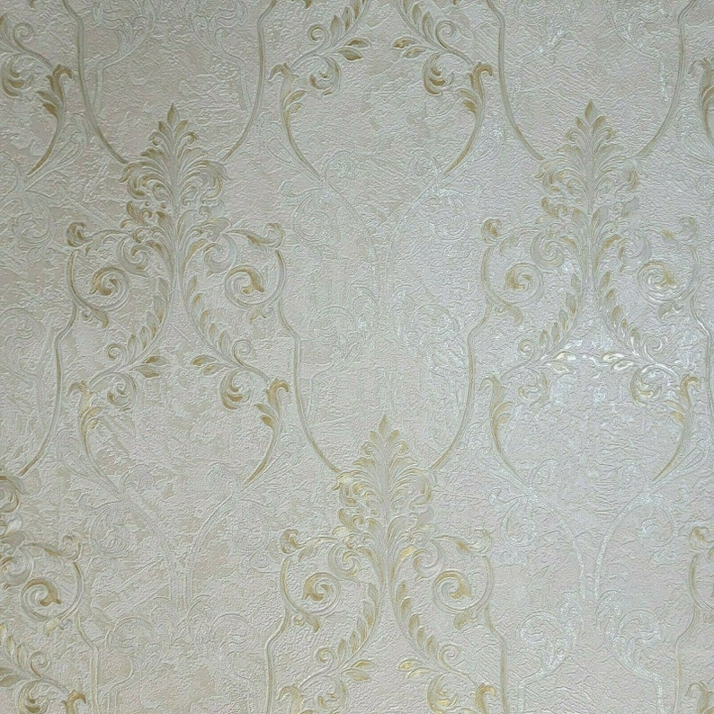 Ivory off White Gold Metallic Victorian Damask Faux Plaster Textured ...