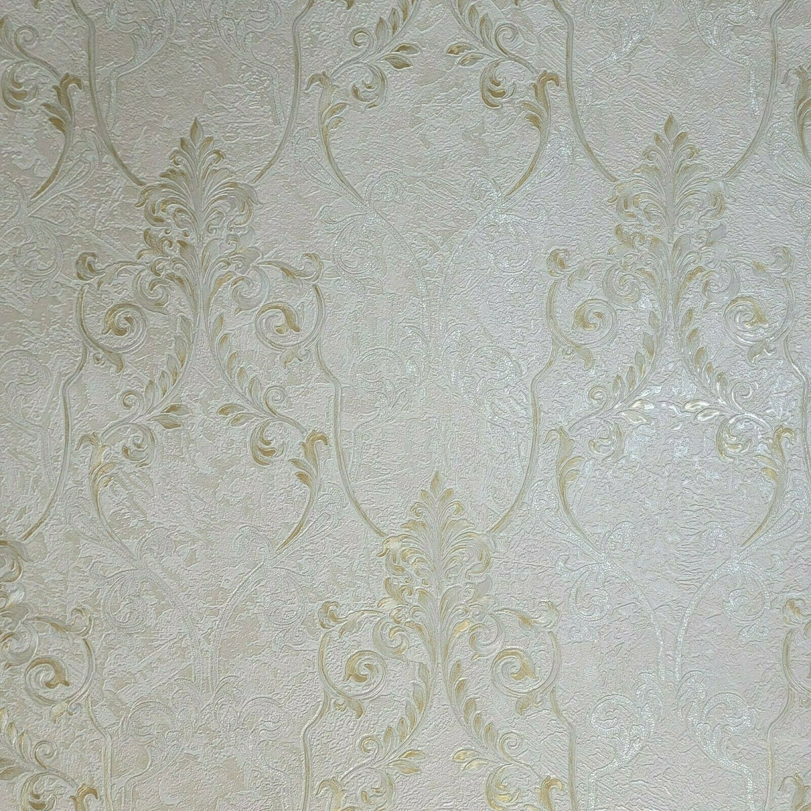 Ivory off White Gold Metallic Victorian Damask Faux Plaster Textured ...