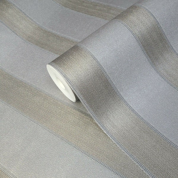 Modern Gray Silver Bronze Brass metallic textured faux fabric striped Wallpaper