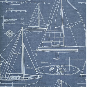 May include: A blue and white nautical themed fabric with a repeating pattern of sailboat blueprints. The fabric features the words "Sailboat", "Main Sail", "Staysail", and "Keelboat".