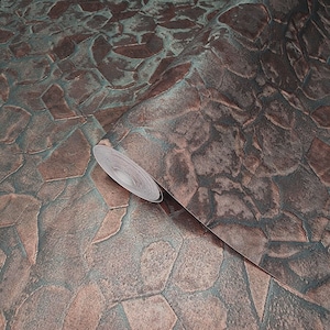 May include: A roll of wallpaper with a textured, stone-like pattern in shades of brown, copper, and teal.