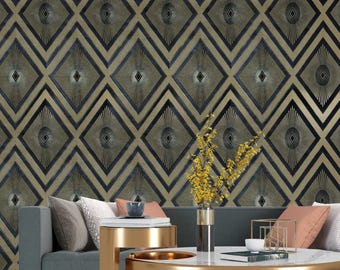 Ombre geometric Diamond burst black beige flaxen gold Metallic Wallpaper