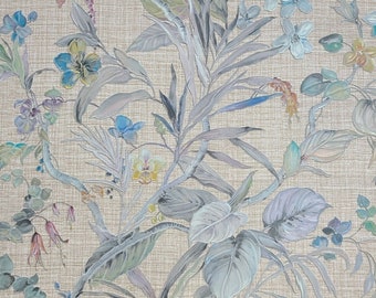 Floral plants Brown green blue metallic faux woven fabric textured wallpaper 3D