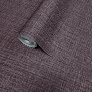 Burgundy woven faux fabric grass sack cloth textured plain modern wallpaper roll