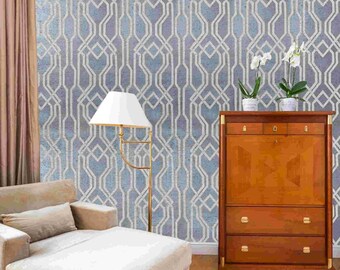Modern Gray Graphite blue metallic white trellis lines natural cork wallpaper 3D