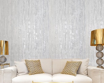 Gray white silver metallic faux distressed metal plaster textured Wallpaper roll