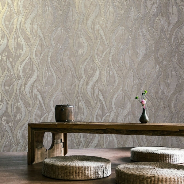 Contemporary Gray Taupe tan metallic textured wave lines faux fabric Wallpaper